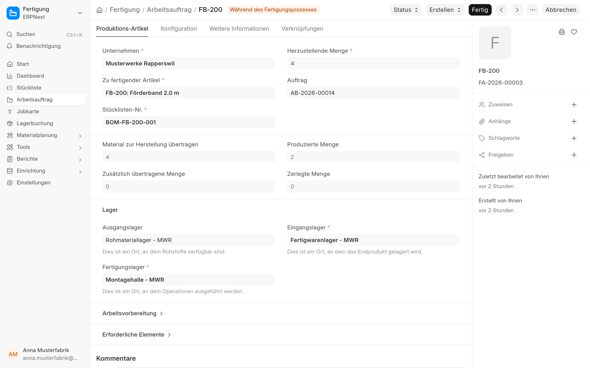 Fertigungsauftrag in ERPNext mit produzierter Menge, Arbeitsgängen und Lagern